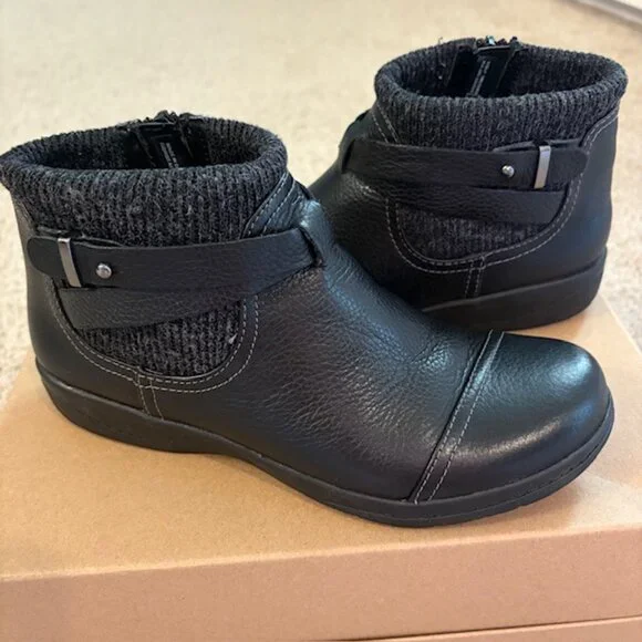 Clarks Cheyn Kisha Leather Sweater Cuff Ankle Boots Women's Size 6 Black - Picture 2 of 8